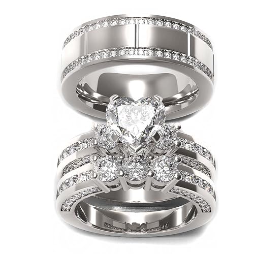 TWO RINGS Wedding Ring Sets His And Hers Promise Ring Couples Bridal Sets Women 925 Sterling Silver Red Heart Moissanite Man Titanium Wedding Bands