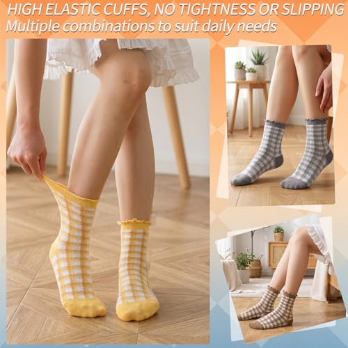 Image of 6 Pairs Women Ruffle Striped Frilly Socks, Cute Checkered Ankle Sock for Women Cotton Knit Casual Crew Socks