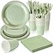 Dandat 168 Pcs Sage Green Baby Shower Decorations Disposable Sage Green Baby Shower Party Supplies Include Sage Green Paper Plates Napkins Cup Plastic Fork Knives Spoon for Boy Girl Bridal Wedding