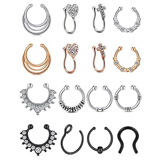 Incaton falsk septum näsringar ring ring rostfritt stål falsk läppöron näsa septum ring icke-piercing klämma på näsan ring ring kroppspiercing smycken e rostfritt stål, colore: 16pcs-silver-black-rose Gold, cod. ABJ-F-NSR0002-01