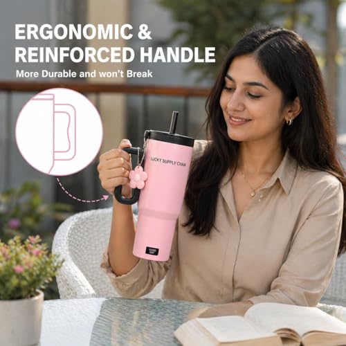 Image of Vasukie Tumbler with Handle & Straw Lid - Leakproof Travel Mug for Hot & Cold Drinks, Reusable Coffee Cup, Cute Pink Design with Charm, Office, Gym & Travel Use