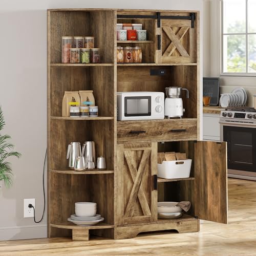 YITAHOME 67" Farmhouse Kitchen Pantry with Power Outlet, Sliding Barn Door Storage Cabinet w Charging Station, Freestanding Hutch with Shelves & Drawer, Microwave Stand Cupboard for Dining Room, Oak