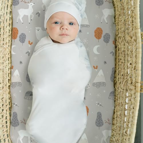 Image of Stretch Fitted Bassinet Sheet Set BROLEX 2 Pack Cradle Sheets for Bassinet Pad /Mattress,Unisex Boys Girls,Ultra Soft,Snowy Forest