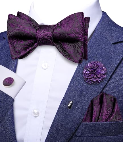 Image of Dubulle Self Tie Bow Ties and Lapel Pin for Men Paisley Solid Mens Bowtie and Handkerchief Cufflinks Set Wedding