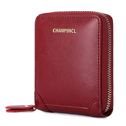 RFID Wallets for women Genuine Leather Zipper Purses Secure Large Capacity Multi-card Clutch colourful Travel Wallets (Red)