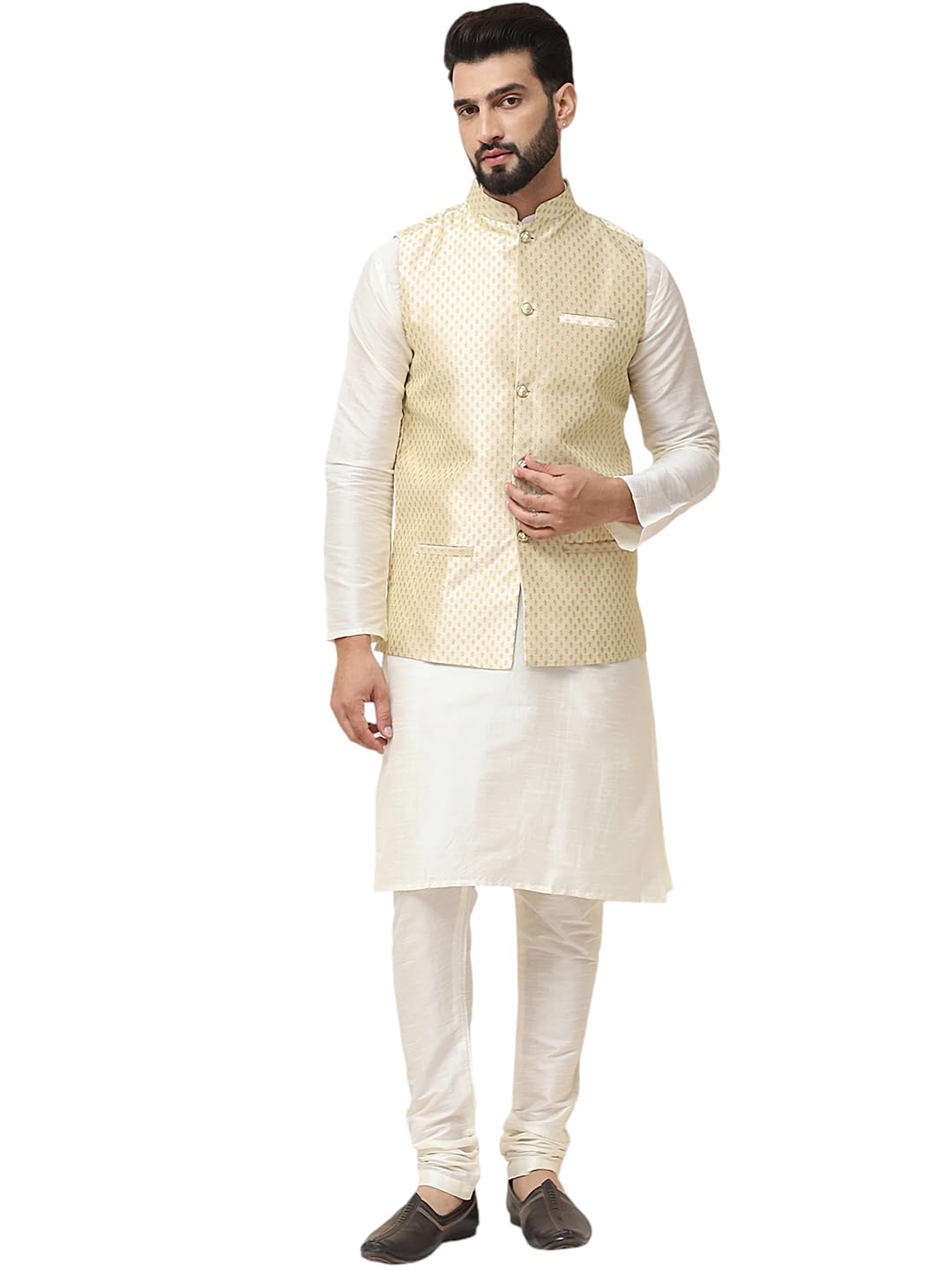 Sojanya (Since 1958 Men's Silk Blend Cream Kurta Pyjama & Beige Self Design Nehru Jacket Combo
