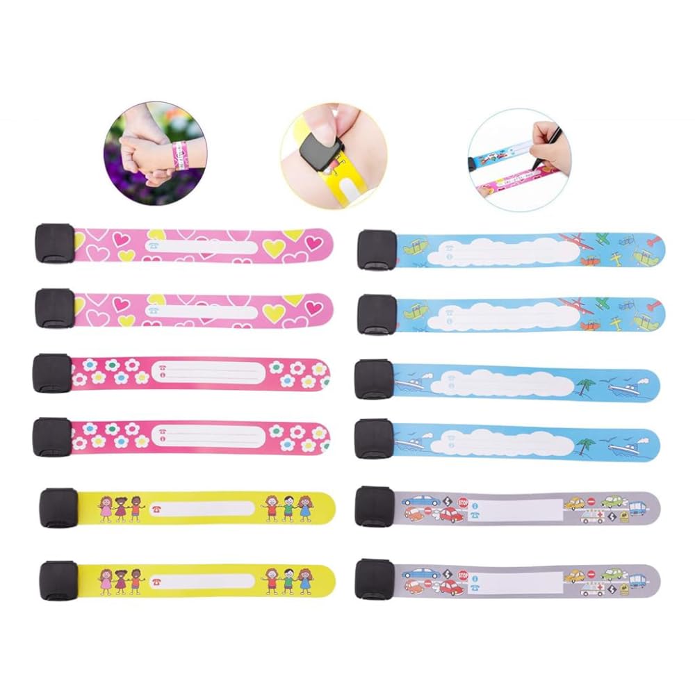 Climberty® Kids Safety ID Wristband - 12 Pack Waterproof PVC Wristband, Write-on Wristband Anti-Lost Identification Wristband with Buckle for Travel, Outing, Group Activity, 19.2cm x 2.15cm