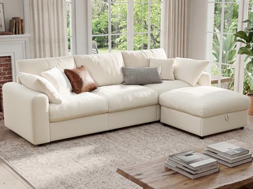 Ihanherry Cloud Sectional Couches for Living Room, 110" Large Modular Sectional Sofa with Wide Deep Seat, L Shaped Couch with Throw Pillow and Storage Ottoman, Beige
