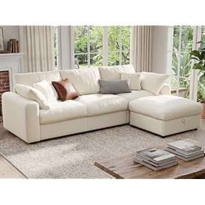 Ihanherry Cloud Sectional Couches for Living Room, 110″ Large Modular Sectional Sofa with Wide Deep Seat, L Shaped Couch with Throw Pillow and Storage Ottoman, Beige