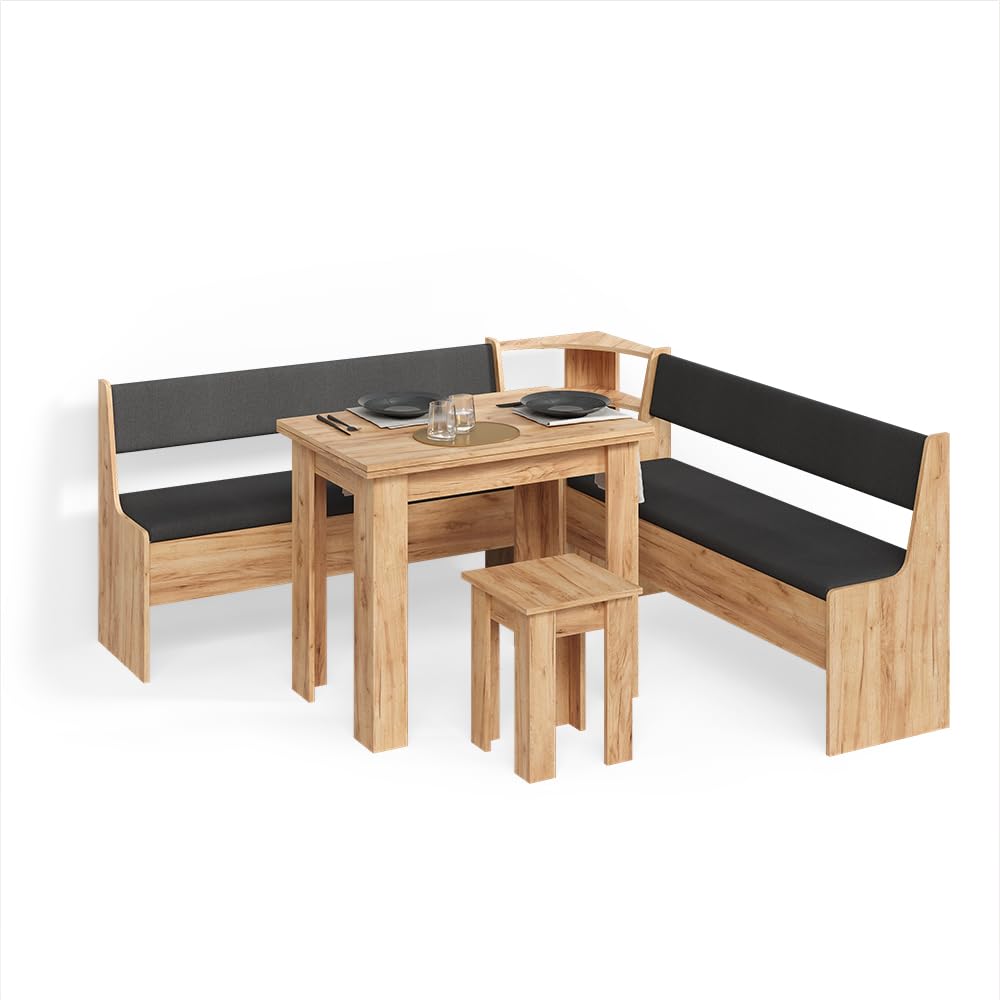 Livinity Conjunto con Banco esquinero Tiberio, Roble Dorado, 180 x 180 cm con Mesa
