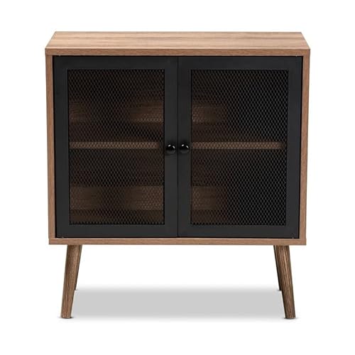 Baxton Studio Yuna Mid-Century Modern Transitional Natural Brown Finished Wood And Black Metal 2-Door Storage Cabinet #TOP5