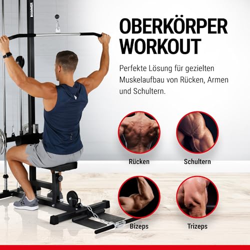 Foto von HAMMER Finnlo Latzug-Station Multi-Lat-Tower - Übungen für Rücken Arme Schultern Bauch, 120 kg belastbare Gewichtsauflage, Kraftstation 141x120x210cm