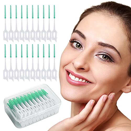 ILantule 200 Stück Interdentalbürste Weiche Silikon adaptive,Doppelseitige Interdentalbürsten aus Silikon Zahnbürste zur Reinigung Schmaler Interdentalzähne(Grün)