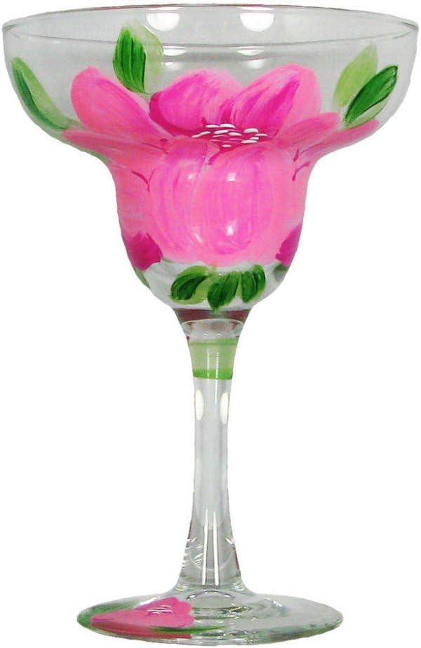 Set of 2 Pink Peony Floral Hand Painted Margarita Stemware Glasses - 12 Ounces