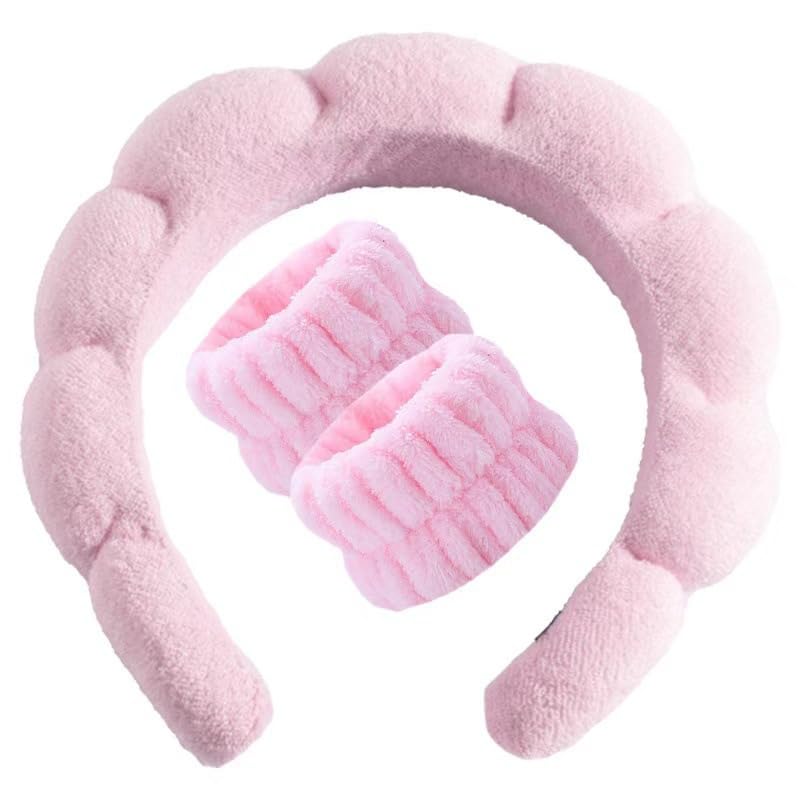 Diadema y muñequera para el cuidado de la piel, banda para el cabello con esponja de maquillaje para mujer, diadema y muñequeras para el cuidado de la piel, adecuadas para baño y maquillaje, rosa