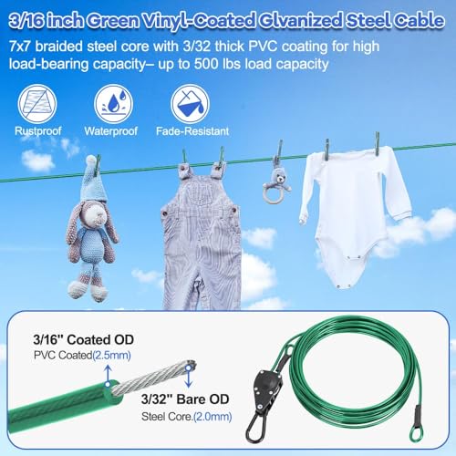 Corde à linge d'extérieur robuste TooTaci de 4,6 m en câble acier - 4