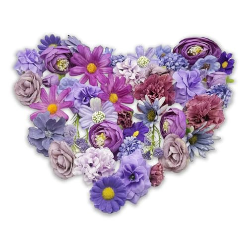 FOSDICK 44 Stück Kunstblumen zum Basteln, Lila Kunstblumen Köpfe, Klein Blumen zum Basteln, Künstliche Blumenköpfe, Artificial Flowers, Blütenköpfe Deko Blumen Künstlich für Torten, Scrapbooking
