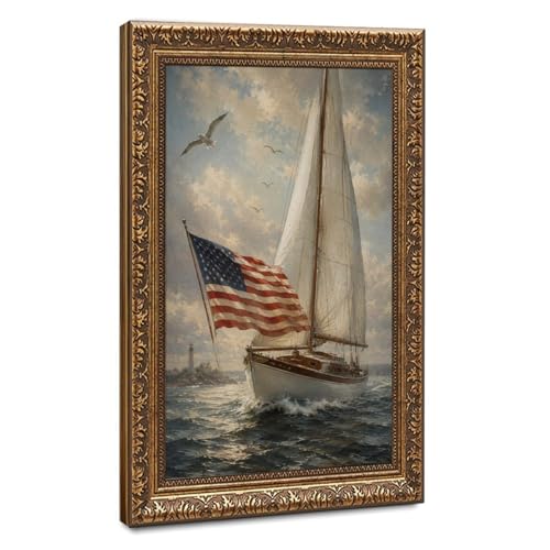 American Flag Sailboat Wall Art Nautical Canvas Prints Ocean Lighthouse