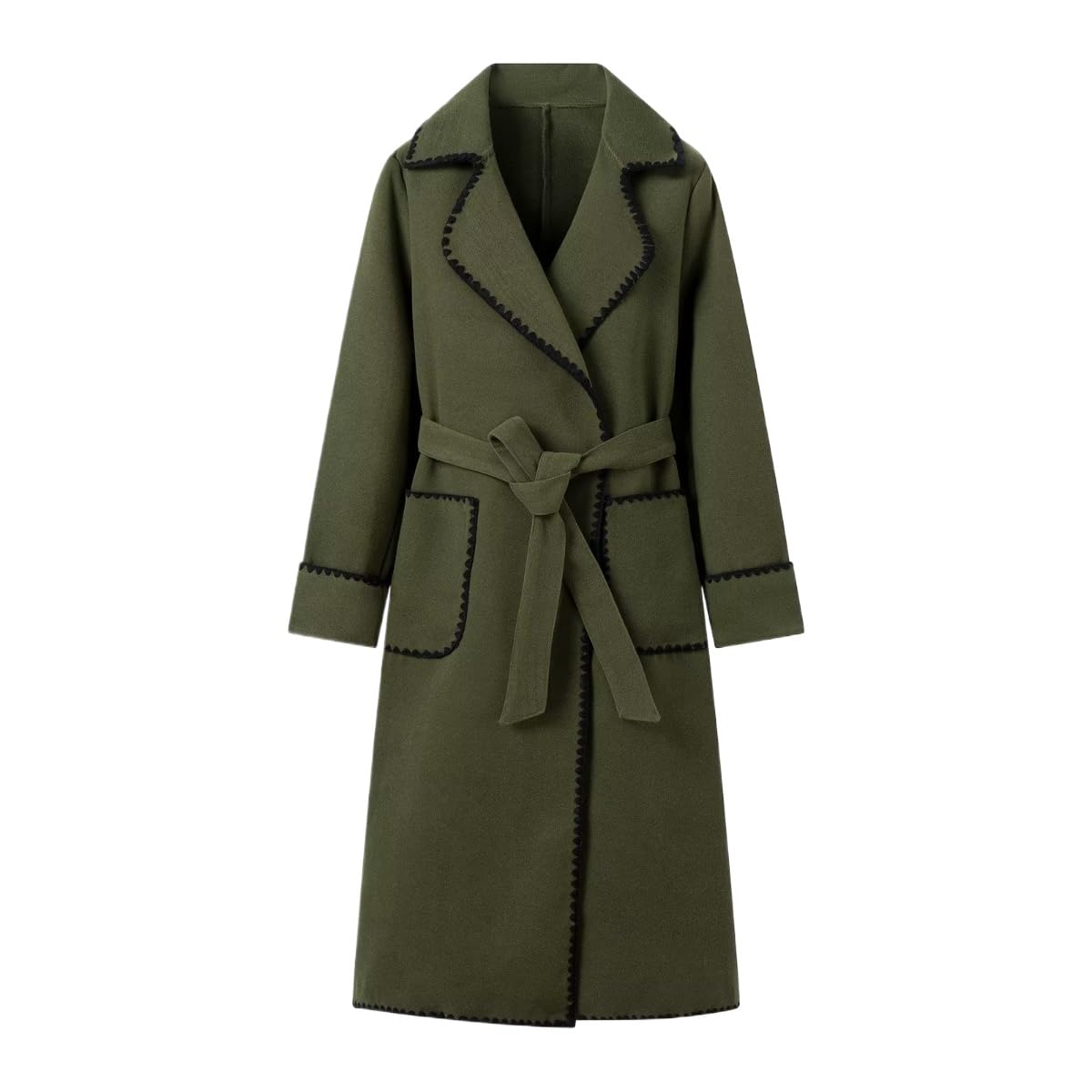 Cappotto Lungo da Donna con Risvolto Classico con Risvolto con Cravatta Lungo Invernale Casual con Bottoni e Cintura alla Moda Lungo in Tweed con Cintura