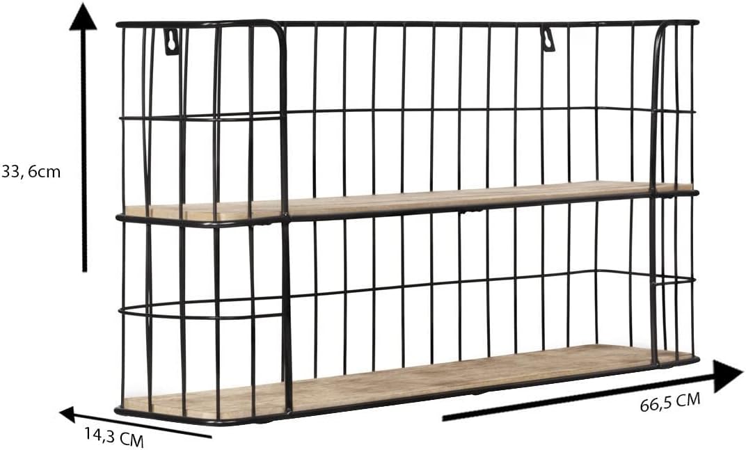 LIFA LIVING Rectangle Wall Shelf Unit, 2 Tier Kitchen Bedroom Living Room Floating Shelves, Wooden & Black Metal Mounted Shelves, Decorative Hanging Shelves, Pre-Assembled, 26.2 x 5.6 x 13 inch