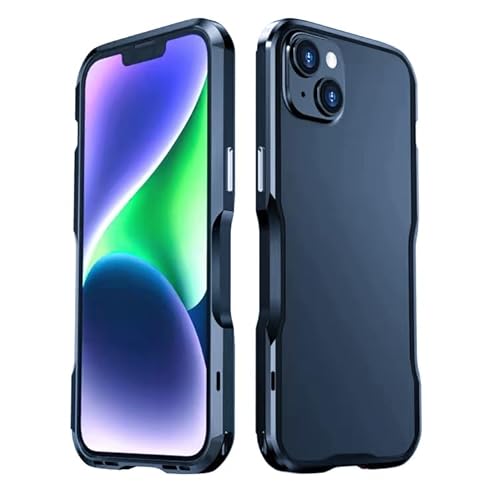 iphone15向けバンパー アルミ アイフォン15向けケース ストラップホール 6.1インチ 放熱 メタルフレーム 金属サイド耐衝撃カバー(15,ブルー)