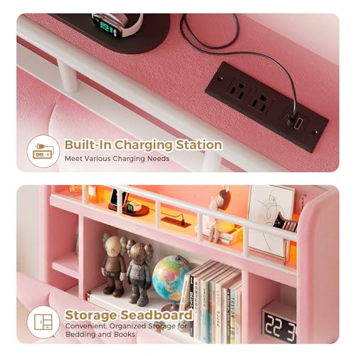 Image of Pink Twin Size LED Bed Frame with Storage Headboard, Upholstered Velvet Princess Bed for Girls with 5 Charging Ports (USB-C & AC), Hidden Privacy Compartment, Sturdy Aluminum Frame & 1 Silent Drawers