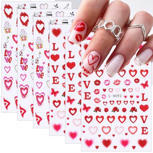 6 Sheets Red Heart Nail Stickers for Nail Art Valentines