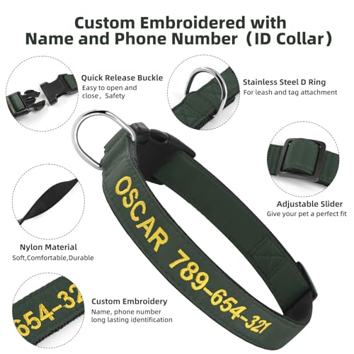 Hundehalsband Personalisiert mit Namen und Telefonnummer Bestickt für XS Kleine Mittlere Große Hunde(Armeegrün)