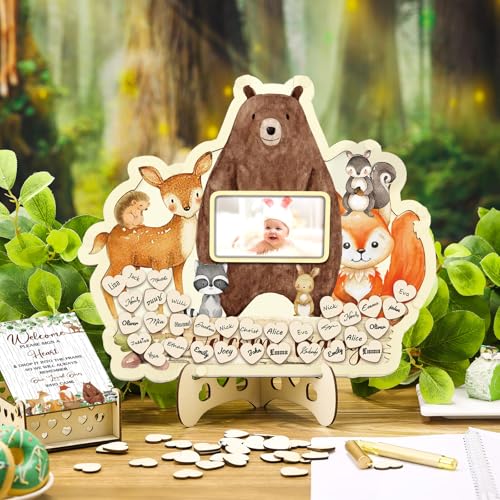 Image of Wenqik 63 Pcs Woodland Animal Baby Shower Guest Book Alternatives Set Baby Shower Decorations with Photo Frame Sonogram Frame Keepsake 60 Wood Slices Guest Book for Birthday