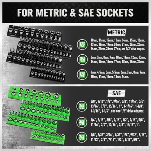 Image of Magnetic Socket Organizer Holder Tool: 8PCS Set includes 2PCS 1 /4 inch, 4PCS 3 /8 inch, 2PCS 1 /2 inch Drive Socket Storage Trays Toolboxs, Holding 199 Slots Soft Rubber Covering Black Green (sockets not included)