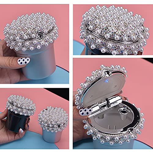 Image of ikasus Pearls Inlaid Car Ashtray, Portable Car Ashtray with Lid and LED Light Crystal Car Accessories Windproof Trash Can Car Interior Decoration for Car Vehicles Home Office (Black)