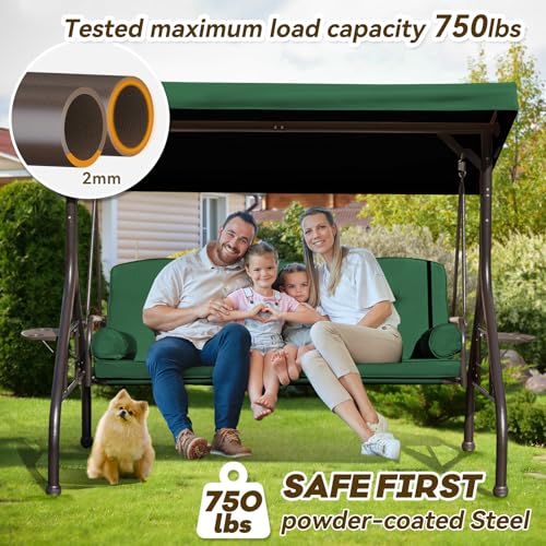 Image of 3 in 1 Outdoor Porch Swing with Adjustable Canopy, 3 Seat Outdoor Swing for Adults, Patio Swing Chair with Thickened Cushions,Pillows & Cup Holders for Backyard, Porch, Garden (Green)