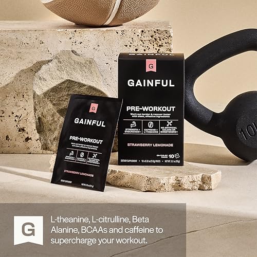 Image of Gainful Pre Workout Powder with Natural Caffeine & L Theanine for Energy & Focus, L Citrulline & Beta Alanine for Endurance, BCAA's for Muscle Recovery, Vegan, Strawberry Lemonade, 10 Ct