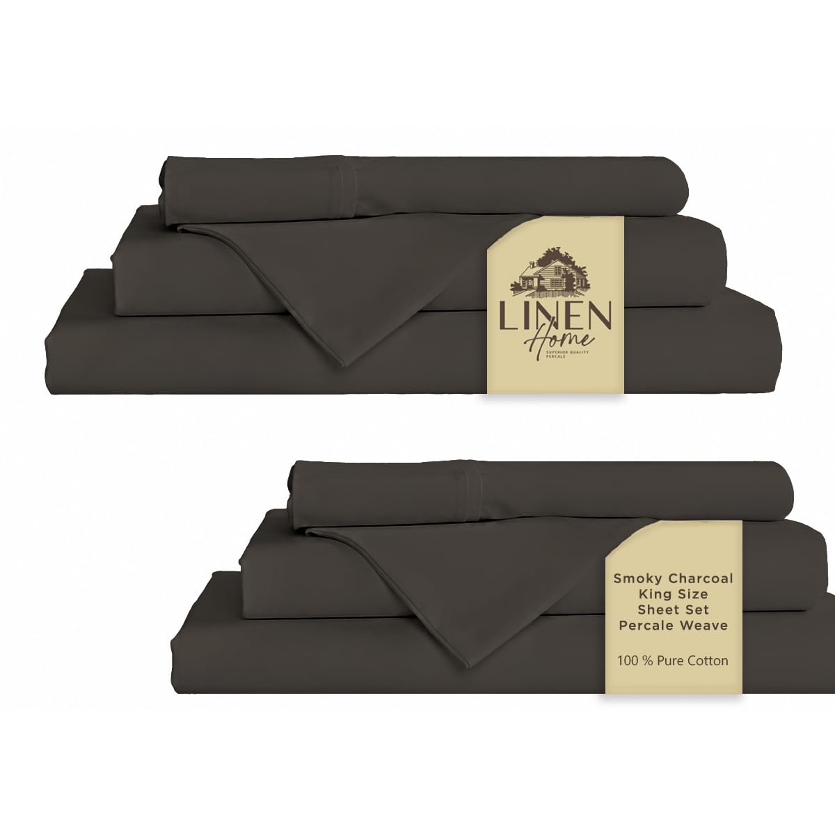 Linen Home 2Pack King Sheet Set, 100% Cotton Percale Bedding, 8-Piece Value Bundle, Deep Pocket Cooling Bedsheets for Hot Sleepers, Breathable &amp; Crisp Hotel Quality, Long-Staple Cotton, Smoky Charcoal