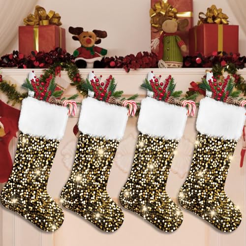 DULEFUN 4pcs Christmas Stockings, Glitter Sequin Large Golden Black Xmas Hanging Stockings Gifts for Christmas Family New Year Holiday Party Decorations