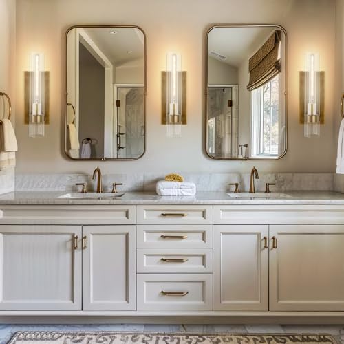 Image of 18 inch Wall Sconces Set of 2, Gold Bathroom Vanity Light Fixtures with Clear Glass Tube, Modern Brass Lamp Lighting for Mirror, Bedroom, Living Room, Hallway, Staircase