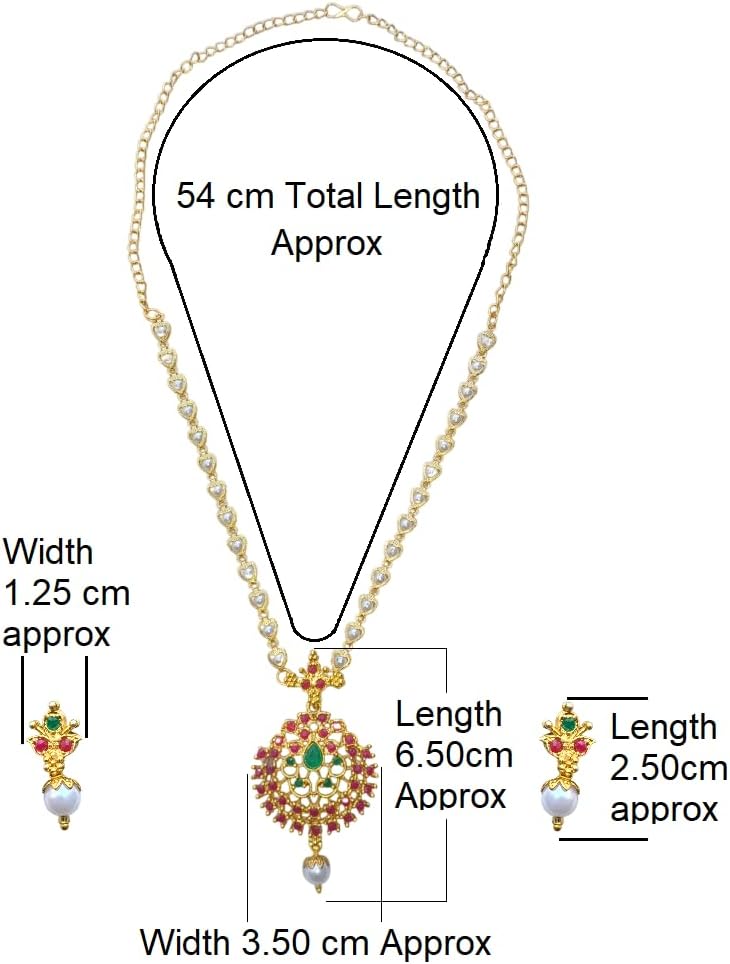 South Indian Golden Long Necklace Pendant Temple Jewellery Ethnic Antique Traditional Pearl Multi Kundan Necklace Earring Set