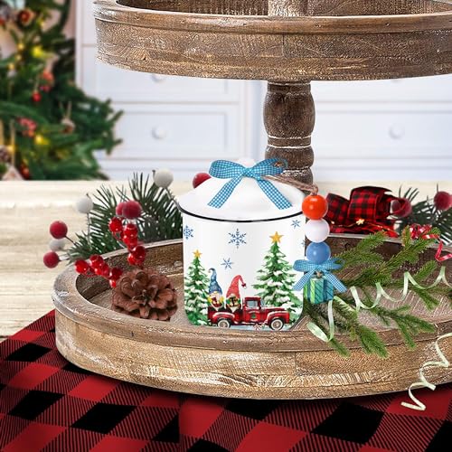 pinata Gnome & Trunk Gift Cookie Candy Jar with Lid, Christmas Table Decorations Tiered Tray Decor, Blue Buffalo Plaid Bowknot for Snacks, Christmas Party Table Home Kitchen Holiday Gift for Women