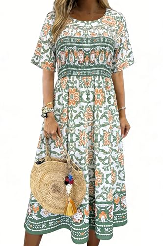 Womens Boho Dress Summer Casual 2025 Short Sleeve Loose Fit Floral Maxi Dress Flowy Beach Vintage Sundress