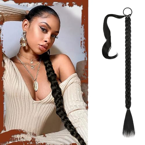 Sofeiyan Long Braid Ponytail Extension with Hair Tie Straight Sleek Wrap Around Hair Extensions Braid Pony Tail Fluffy Natural Soft Synthetic Hairpieces for Women Daily Wear, 26 inch-Black