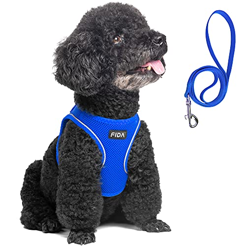 Fida Comfy Dog Harness with Leash, Soft Puppy Vest Escape Proof, Breathable Lightweight Soft Mesh, Adjustable Reflective Step-in Harness for Small & Medium Pet Walking (M, Blue)