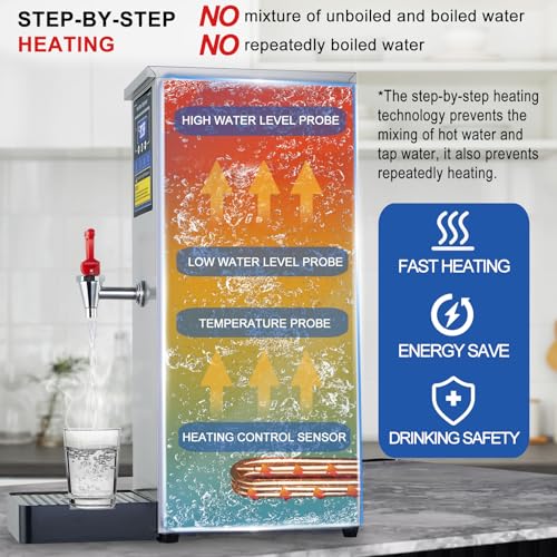 Image of Hot Water Dispenser Commercial Water Boiler Countertop Hot Water Machine Stainless Steel Step-heating Temperature Control 86-212F for Boba Tea Coffee Office Restaurant 1600W, 30L(8GAL) /Hour, Silver