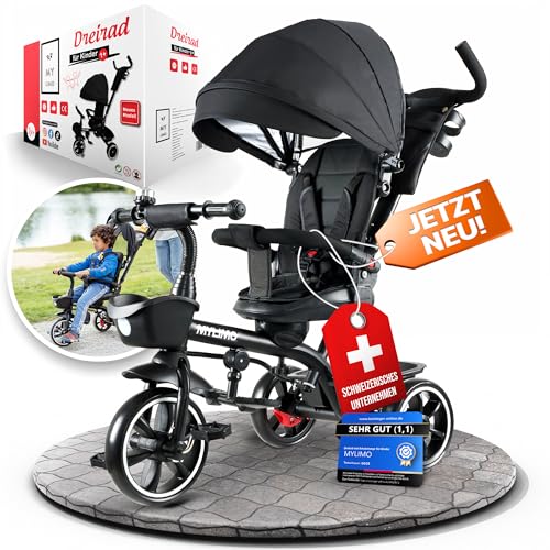 Dreirad ab 1 Jahr bis 25kg mit Schubstange 5in1 360° drehbarer Sitz 5-Punkt-Sicherheitsgurt Regenschutz Reflektoren Korb Tasche Getränkehalter Sonnendach Jetzt Farbe auswählen