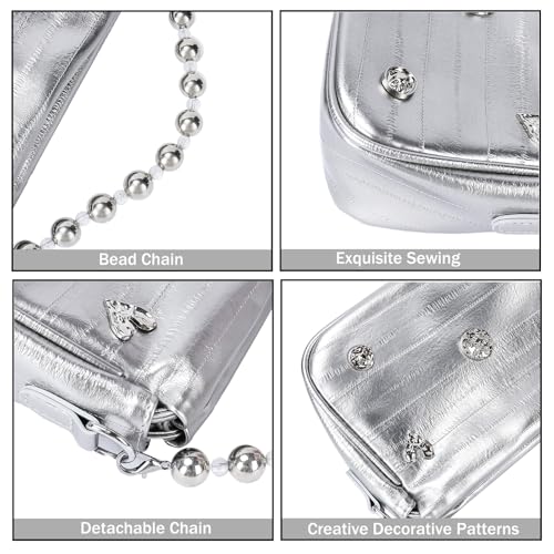 Image of Womens Y2k Sparkly Silver Handbag with Bead Chain, Metallic Clutch Satchel Leather Shoulder Bag Purse for Wedding Party Prom