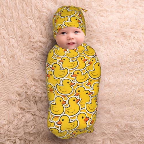 Image of Cute Rubber Duck Baby Stuff Newborn Swaddle Blankets Soft Swaddling Blanket With Hat Sets Gifts For Infant Boys Girls
