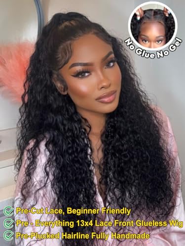 Image of Bouncy Water Wave Curly Human Hair Wigs Pre Cut 13x4 HD Lace Frontal Pre Everything Glueless Big Curly Water Wig 180% Density Pre Plucked Bleached Knots Put On and Go 20Inch Beginner friendly