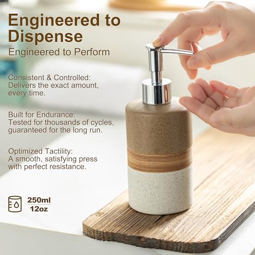 Image of Ceramic Soap Dispenser Set for Hand Soap, Shampoo, Dish Soap, Conditioner, Includes Stainless Steel Pump and Silicone Funnel, 12 Oz, Modern Kitchen Decor