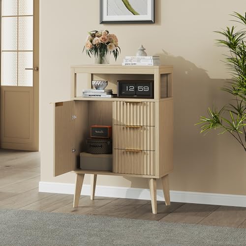 Image of Natural Wood Bathroom Floor Cabinet with 3 Fluted Drawers & Door, Modern Storage Sideboard with Open Shelf, Coffee Bar Station for Living Room, Entryway, 23.6 x 11.8 x 34.6 Inches