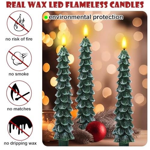 Image of Funtery 6 Pcs LED Christmas Tree Flameless Taper Candles Real Wax Battery Operated Candlestick Lights with 3D Flame and Remote Timer Window Fireplace (Frosted Green,Christmas Tree)