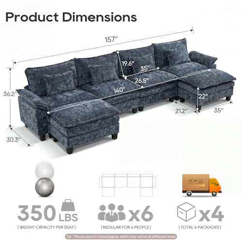 Image of URRED Oversized Modular Sectional Sofa，Blue：157 inch U Shaped